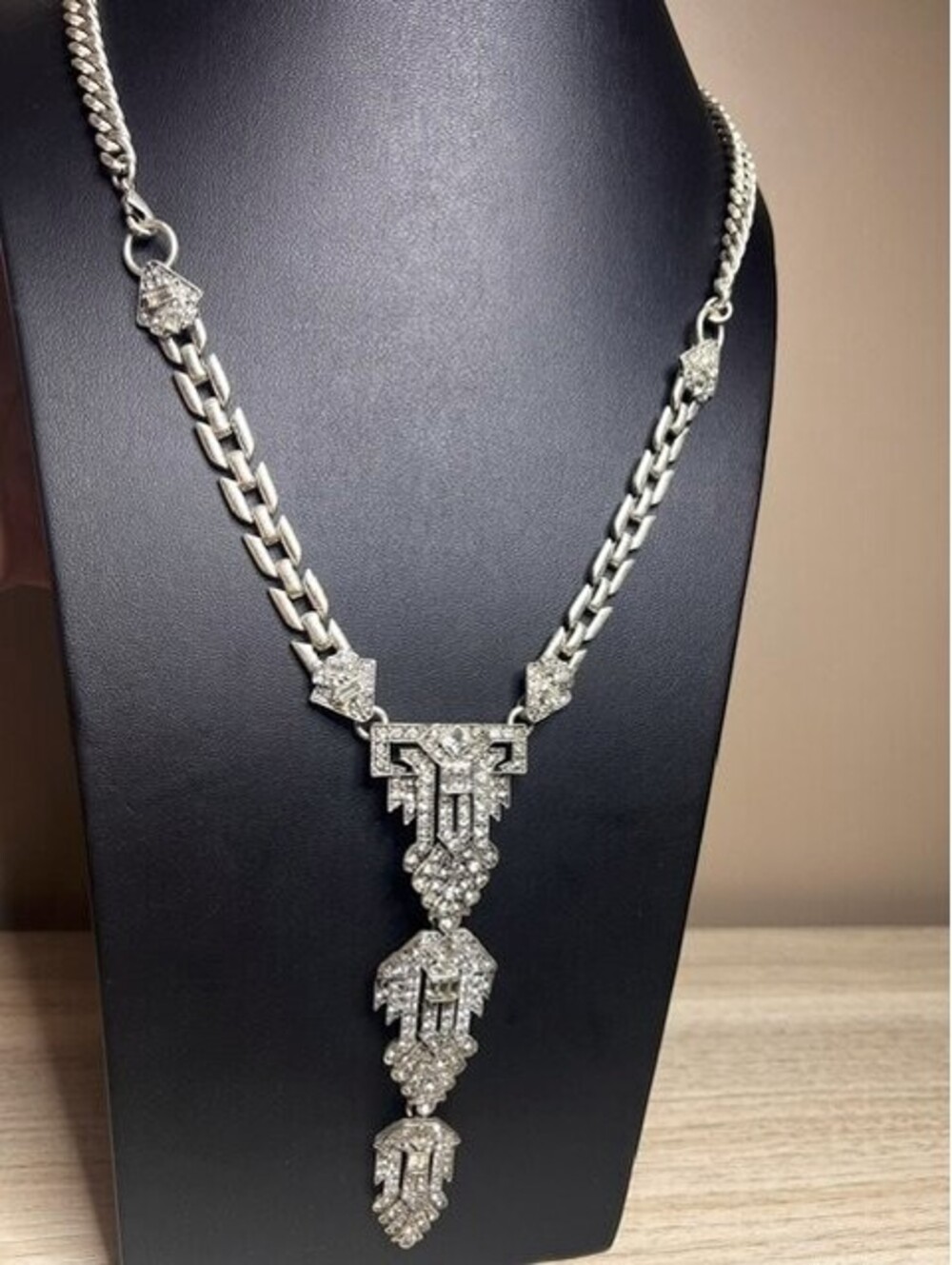 B7032 Stella & Dot Art Deco Waterfall Drop Necklace Rhinestone Silver Tone 26"